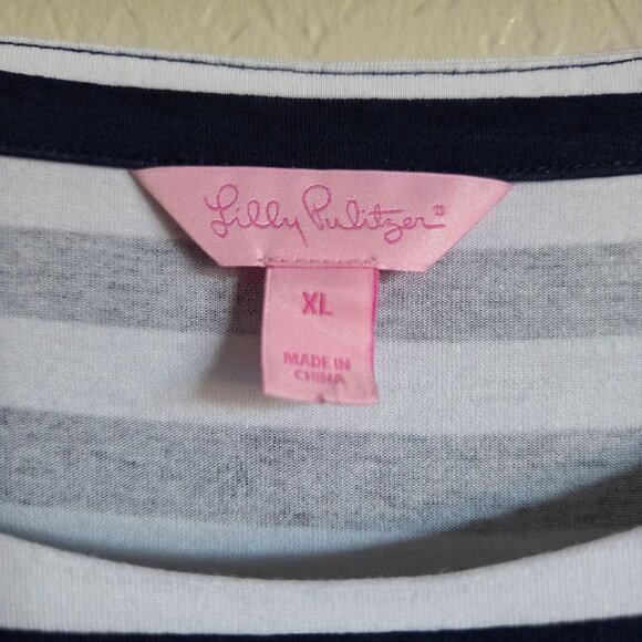 Lilly Pulitzer Lula Dress Striped Ruffle Bell Sleeve Navy XL Stretch Jersey Knit - Picture 2 of 9